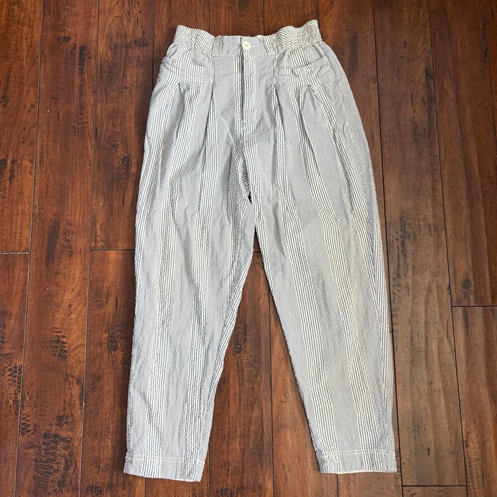 Free People Make A Stand Pants Womens S Blue White Stripe Seersucker Pleated